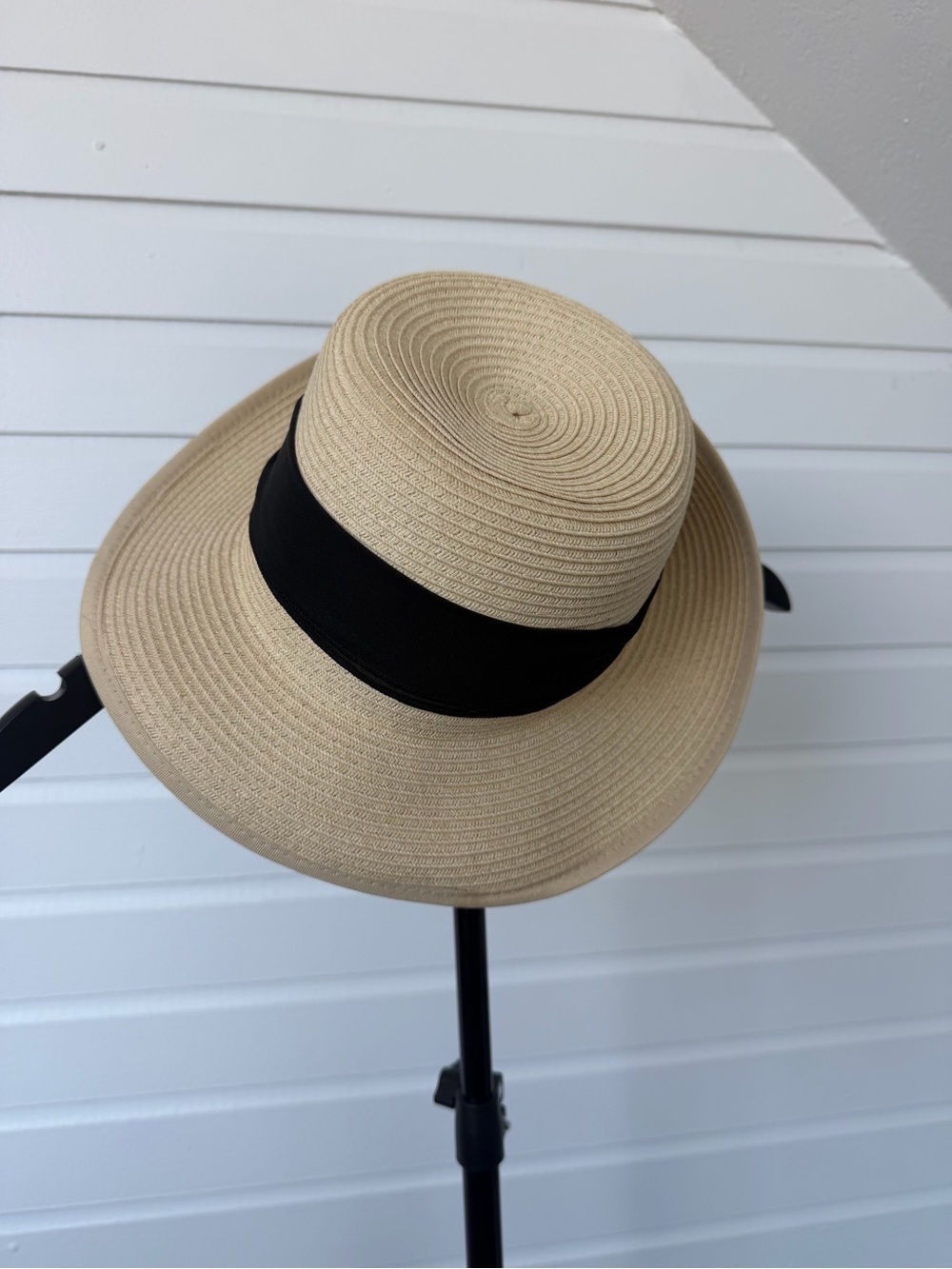 HBY Miami Wide Brim Straw Hat Black Scarf Bow Gold Grommets Sun Hat
